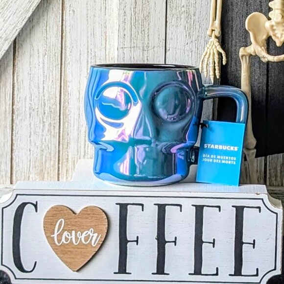 Starbucks Halloween Skull Mug 14oz Blue Iridescent Ceramic Limited Edition 2025 - Picture 1 of 8